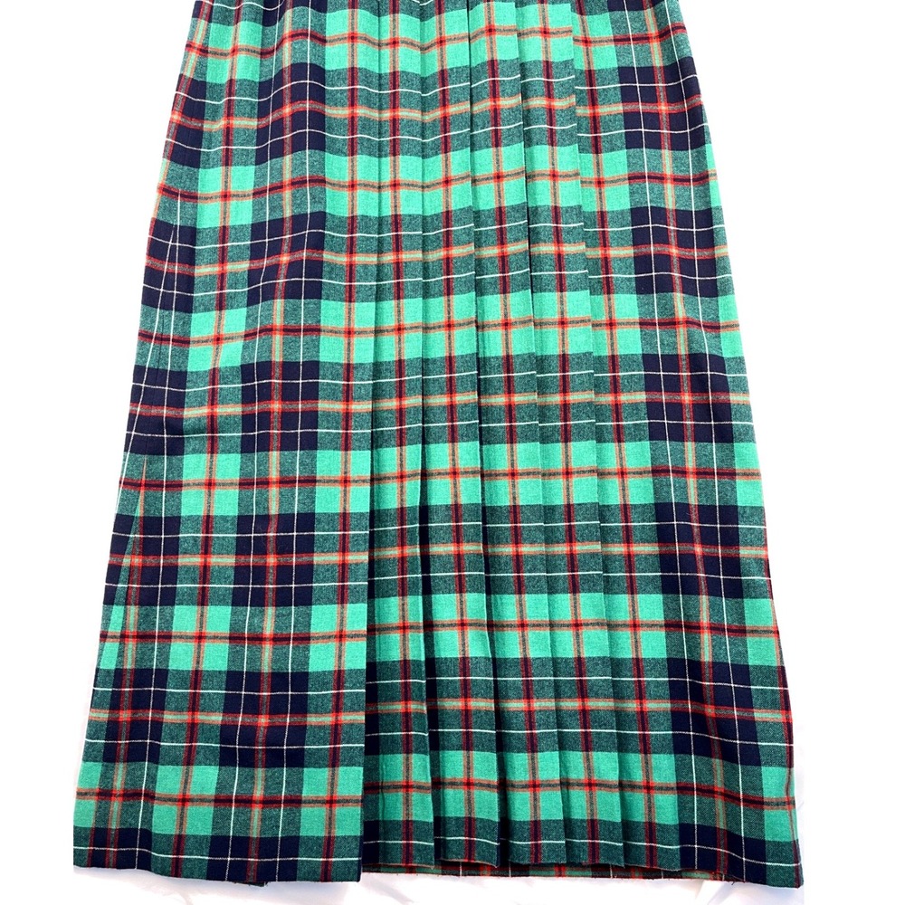 Vintage 70s Young Traditions Wool Tartan Plaid Pleated Maxi Skirt Green Navy Red